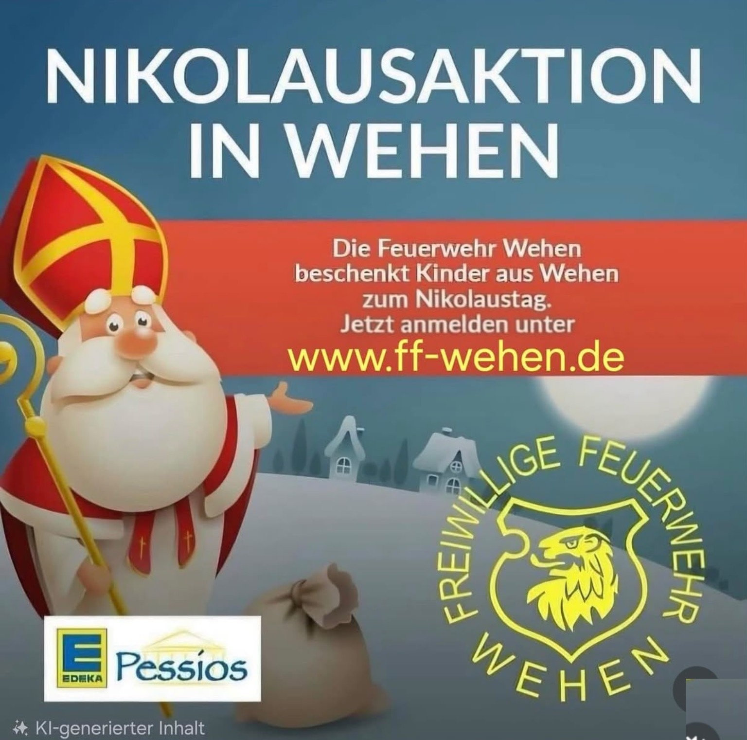 Plakat zur Nikolausaktion der Freiwilligen Feuerwehr Wehen mit Nikolaus, EDEKA Pessios und Feuerwehrlogo